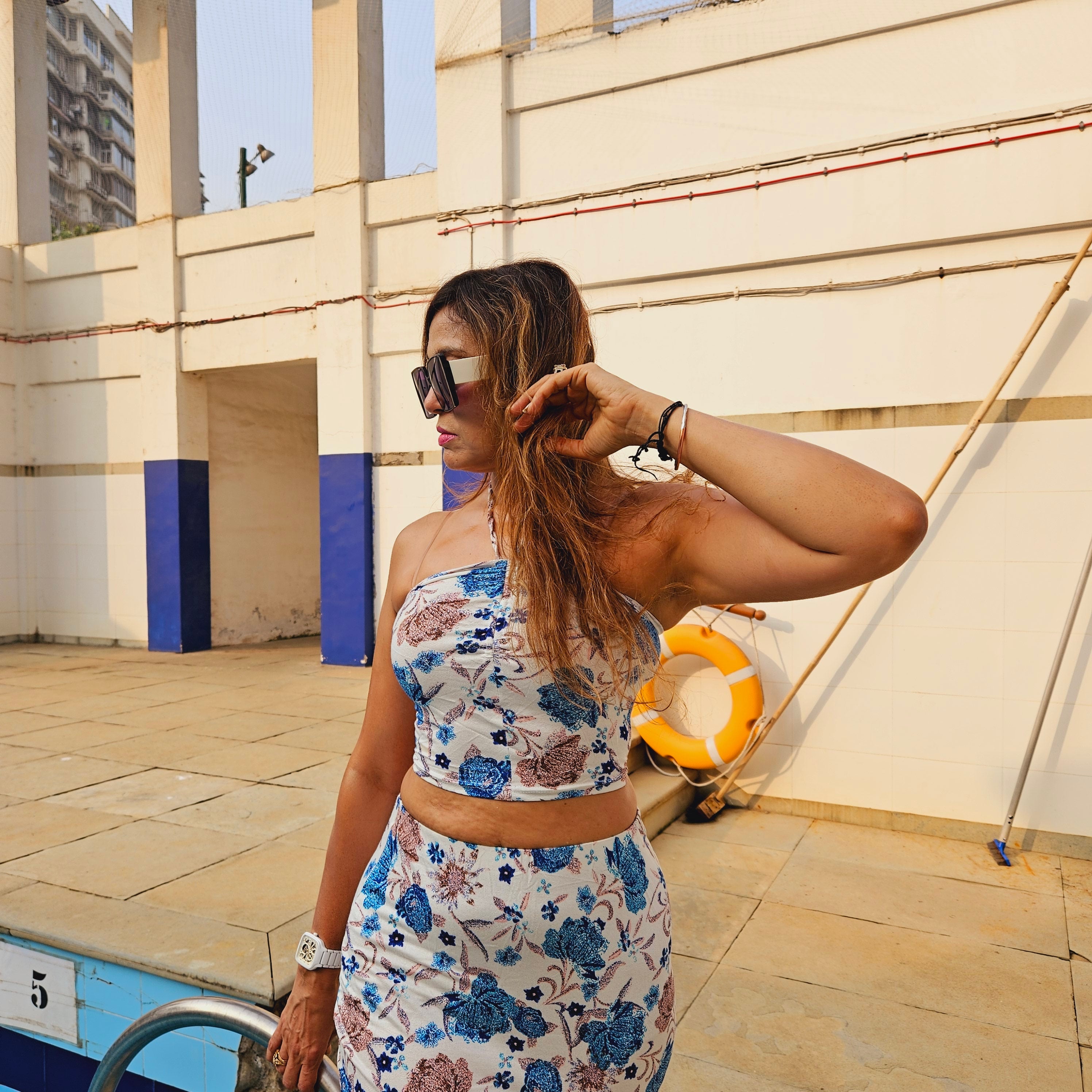 Blue Floral Beach Crop Top with Long Back TieUps